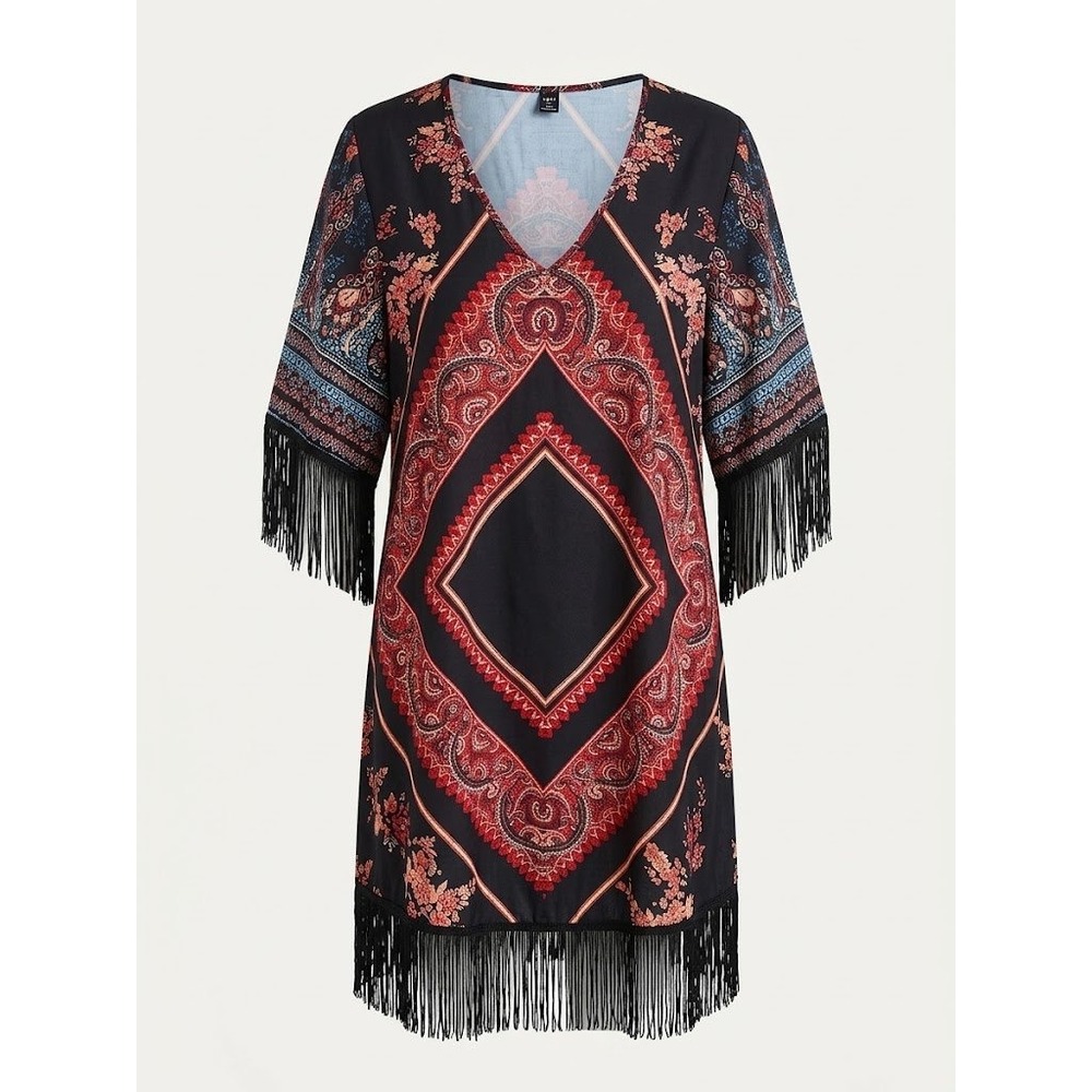 Shein Dress Womens 3XL Black Paisley Boho Chic Fringe Hem Festival Folk Art